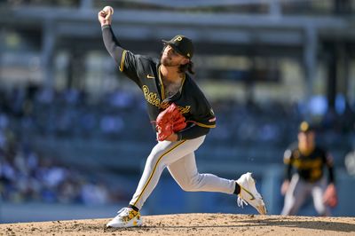 Aug 22, 2026; Los Angeles, California, USA; Pittsburgh Pirates pitcher Jared Jones (17) pitches during the second inning at Dodger Stadium. Mandatory Credit: Jayne Kamin-Oncea-Imagn Images