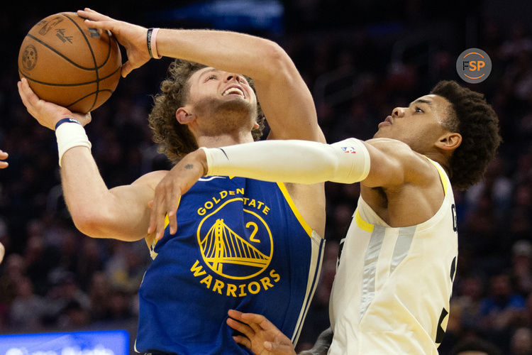 Jan 28, 2025; San Francisco, California, USA; Golden State Warriors guard Brandin Podziemski (2) goes up for a shot against Utah Jazz guard Keyonte George (3) during the second quarter at Chase Center. Credit: D. Ross Cameron-Imagn Images