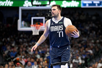 Nov 19, 2024; Dallas, Texas, USA; Dallas Mavericks guard Luka Doncic (77) brings the ball up court against the New Orleans Pelicans during the second half at the American Airlines Center. Mandatory Credit: Jerome Miron-Imagn Images