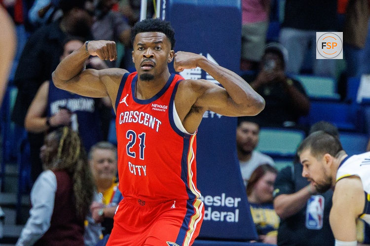 Oct 21, 2026; New Orleans, Louisiana, USA;  New Orleans Pelicans center Yves Missi (21) reacts to a dunk against Indiana Pacers during the first half at Smoothie King Center.  Credit: Stephen Lew-Imagn Images