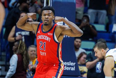 Oct 21, 2026; New Orleans, Louisiana, USA;  New Orleans Pelicans center Yves Missi (21) reacts to a dunk against Indiana Pacers during the first half at Smoothie King Center.  Mandatory Credit: Stephen Lew-Imagn Images