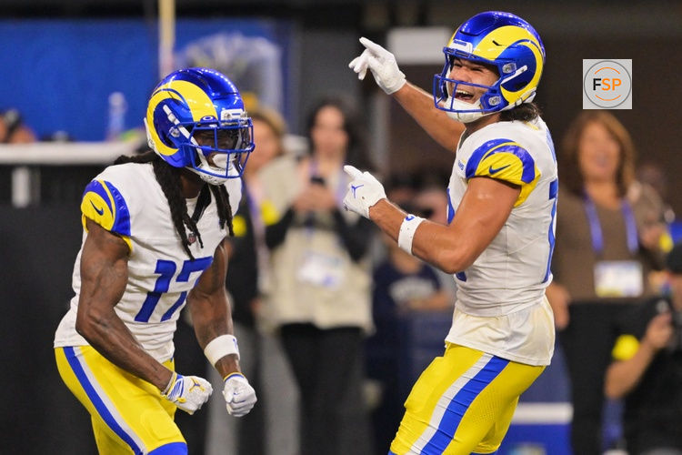 Nov 23, 2025; Inglewood, California, USA; Los Angeles Rams wide receiver Puka Nacua (12) celebrates with wide receiver Davante Adams (17) after Adams scored a touchdown against the Tampa Bay Buccaneers during the second quarter Credit: Jayne Kamin-Oncea-Imagn Images