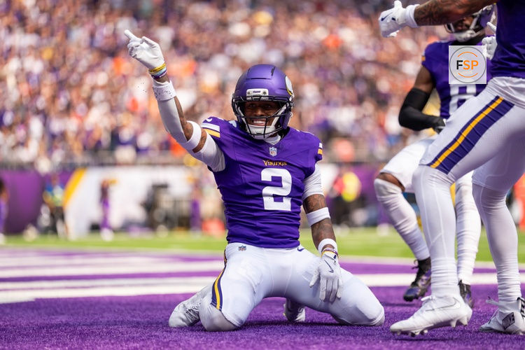 Sep 21, 2025; Minneapolis, Minnesota, USA; Minnesota Vikings cornerback Isaiah Rodgers (2) reacts after breaking up a pass against the Cincinnati Bengals during the first half at U.S. Bank Stadium. Credit: Brad Rempel-Imagn Images