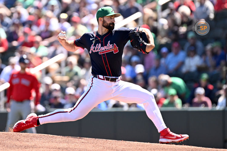 Mar 17, 2025; North Port, Florida, USA; Atlanta Braves starting pitcher Spencer Strider (99) throws a pitch in the first inning against the Boston Red Sox during spring training at CoolToday Park. Credit: Jonathan Dyer-Imagn Images