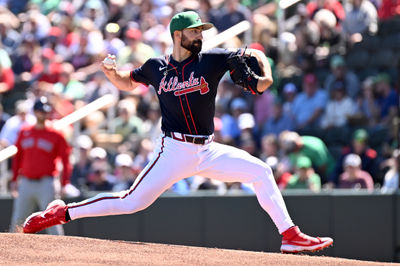 Mar 17, 2025; North Port, Florida, USA; Atlanta Braves starting pitcher Spencer Strider (99) throws a pitch in the first inning against the Boston Red Sox during spring training at CoolToday Park. Mandatory Credit: Jonathan Dyer-Imagn Images