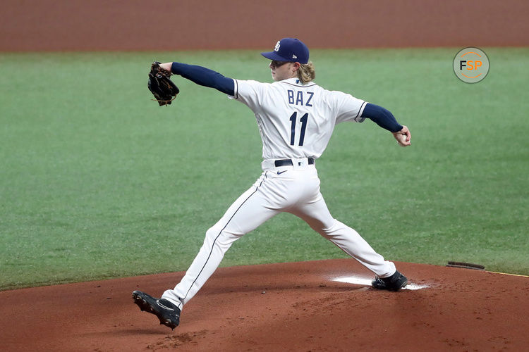 ST. PETERSBURG, FL - SEPTEMBER 20: Tampa Bay Rays Pitcher Shane Baz (11) delivers a pitch to the plate during the regular season game between the Toronto Blue Jays and the Tampa Bay Rays on September 20, 2021 at Tropicana Field in St. Petersburg, FL. (Photo by Cliff Welch/Icon Sportswire)