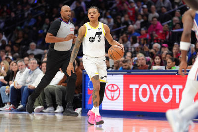 Mar 9, 2025; Philadelphia, Pennsylvania, USA; Utah Jazz guard Keyonte George (3) controls the ball against the Philadelphia 76ers in the third quarter at Wells Fargo Center. Mandatory Credit: Kyle Ross-Imagn Images