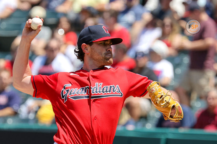 CLEVELAND, OH - JULY 09: Cleveland Guardians starting pitcher Shane Bieber (57) delivers a pitch to the plate during the second inning of the Major League Baseball game between the Kansas City Royals and Cleveland Guardians on July 9, 2023, at Progressive Field in Cleveland, OH.  (Photo by Frank Jansky/Icon Sportswire)