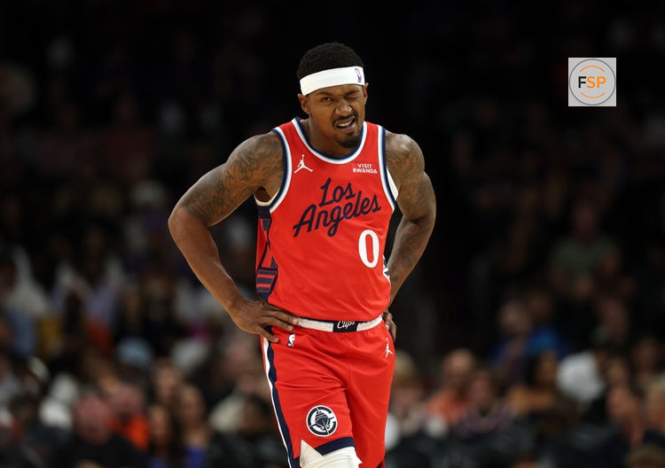 Nov 6, 2025; Phoenix, Arizona, USA; Los Angeles Clippers guard Bradley Beal (0) reacts against the Phoenix Suns in the first half at the Mortgage Matchup Center. Credit: Mark J. Rebilas-Imagn Images