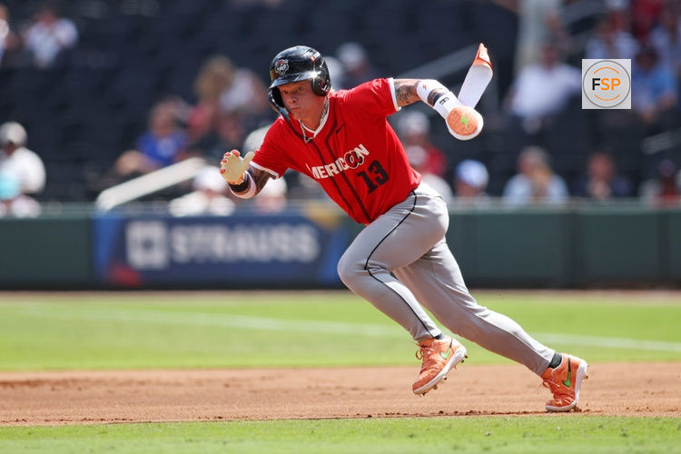 Jul 12, 2025; Atlanta, GA, USA;  American League outfielder Max Clark (13) of the Detroit Tigers runs for the base during the first inning against National League at Truist Park. Credit: Brett Davis-Imagn Images