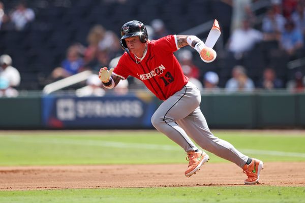 Jul 12, 2025; Atlanta, GA, USA;  American League outfielder Max Clark (13) of the Detroit Tigers runs for the base during the first inning against National League at Truist Park. Mandatory Credit: Brett Davis-Imagn Images