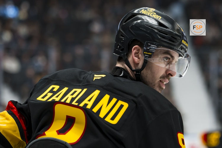 Mar 2, 2026; Vancouver, British Columbia, CAN; Vancouver Canucks forward Conor Garland (8) during a stop in play against the Dallas Stars in the first period at Rogers Arena. Credit: Bob Frid-Imagn Images