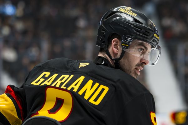 Mar 2, 2026; Vancouver, British Columbia, CAN; Vancouver Canucks forward Conor Garland (8) during a stop in play against the Dallas Stars in the first period at Rogers Arena. Mandatory Credit: Bob Frid-Imagn Images