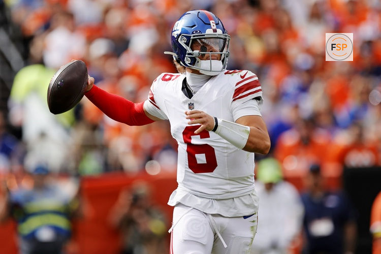 Oct 19, 2025; Denver, Colorado, USA; New York Giants quarterback Jaxson Dart (6) makes a pass during the first half against the Denver Broncos at Empower Field at Mile High. Credit: Isaiah J. Downing-Imagn Images