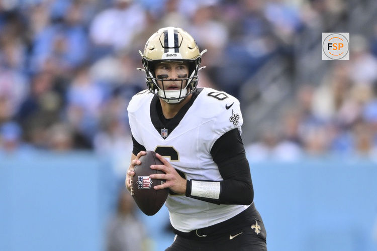 Dec 28, 2025; Nashville, Tennessee, USA;  New Orleans Saints quarterback Tyler Shough (6) looks to pass against the Tennessee Titans during the second half of the game at Nissan Stadium. Credit: Steve Roberts-Imagn Images