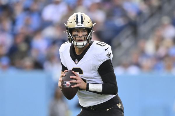 Dec 28, 2025; Nashville, Tennessee, USA;  New Orleans Saints quarterback Tyler Shough (6) looks to pass against the Tennessee Titans during the second half of the game at Nissan Stadium. Mandatory Credit: Steve Roberts-Imagn Images