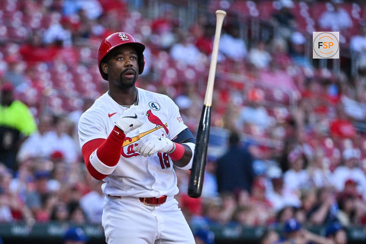 Jun 2, 2026; St. Louis, Missouri, USA; St. Louis Cardinals right fielder Jordan Walker (18) tosses his bat after striking out against the Texas Rangers during the first inning at Busch Stadium. Credit: Jeff Curry-Imagn Images