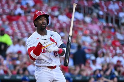 Jun 2, 2026; St. Louis, Missouri, USA; St. Louis Cardinals right fielder Jordan Walker (18) tosses his bat after striking out against the Texas Rangers during the first inning at Busch Stadium. Mandatory Credit: Jeff Curry-Imagn Images