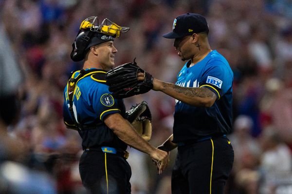 Aug 1, 2025; Philadelphia, Pennsylvania, USA; Philadelphia Phillies pitcher Jhoan Duran (59) celebrates with catcher J.T. Realmuto (10) after a victory against the Detroit Tigers at Citizens Bank Park. Mandatory Credit: Bill Streicher-Imagn Images