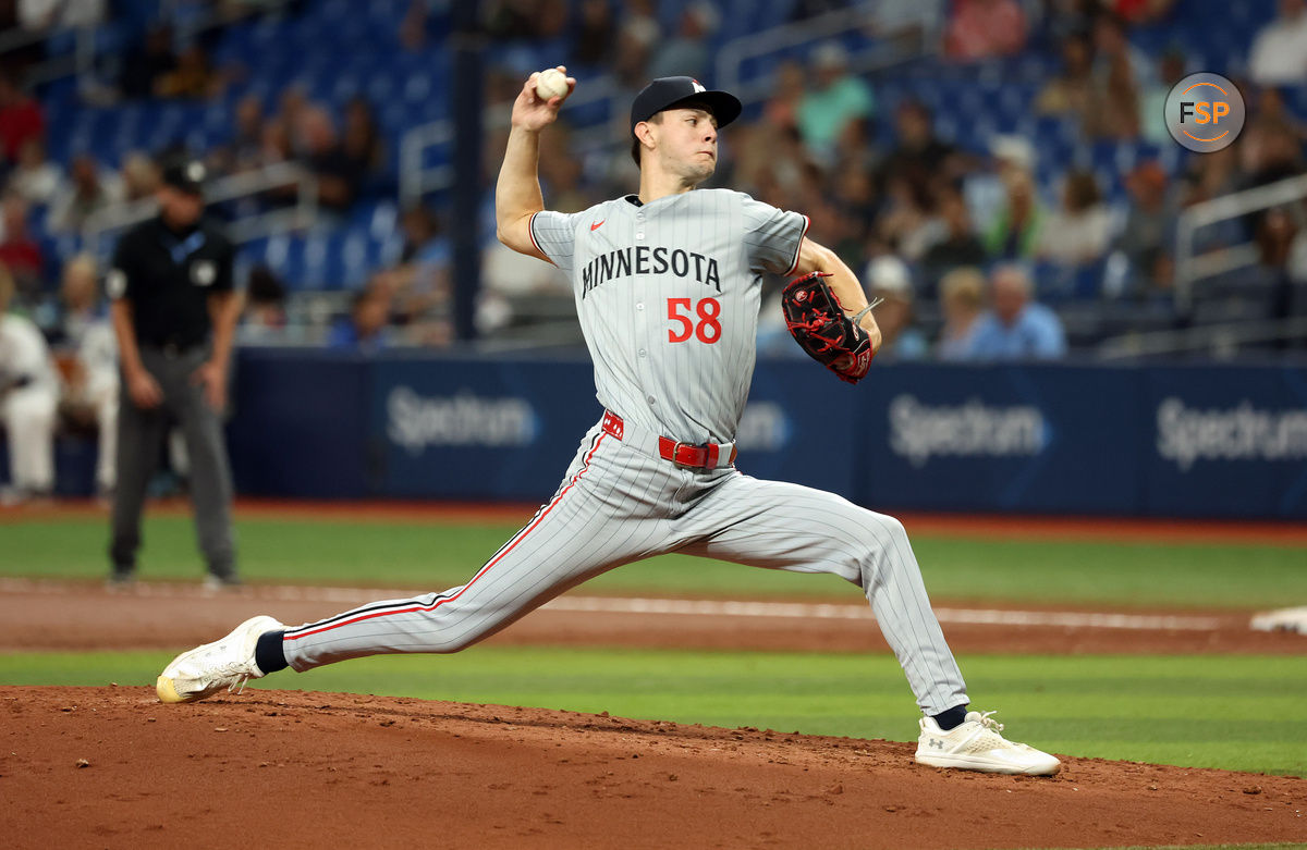 Sep 3, 2024; St. Petersburg, Florida, USA;  Minnesota Twins starting pitcher David Festa (58) throws a pitch against the Tampa Bay Raysduring the second inning at Tropicana Field. Credit: Kim Klement Neitzel-Imagn Images