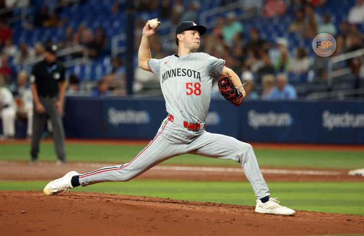 Sep 3, 2024; St. Petersburg, Florida, USA;  Minnesota Twins starting pitcher David Festa (58) throws a pitch against the Tampa Bay Raysduring the second inning at Tropicana Field. Credit: Kim Klement Neitzel-Imagn Images