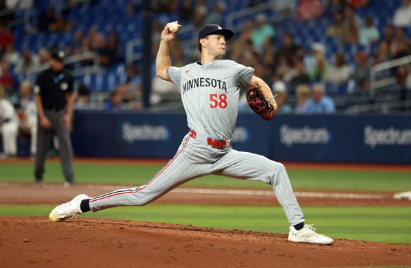 Sep 3, 2024; St. Petersburg, Florida, USA;  Minnesota Twins starting pitcher David Festa (58) throws a pitch against the Tampa Bay Raysduring the second inning at Tropicana Field. Mandatory Credit: Kim Klement Neitzel-Imagn Images