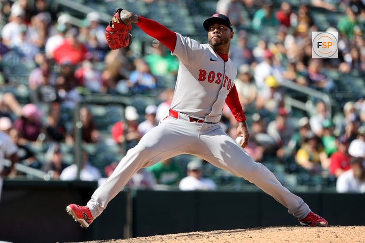 Sep 10, 2025; West Sacramento, California, USA; Boston Red Sox pitcher Aroldis Chapman (44) throws a pitch against the Athletics during the ninth inning at Sutter Health Park. Credit: Dennis Lee-Imagn Images