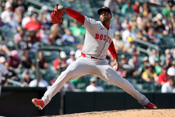 Sep 10, 2025; West Sacramento, California, USA; Boston Red Sox pitcher Aroldis Chapman (44) throws a pitch against the Athletics during the ninth inning at Sutter Health Park. Mandatory Credit: Dennis Lee-Imagn Images