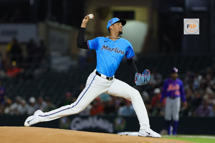 Mar 8, 2024; Jupiter, Florida, USA; Miami Marlins starting pitcher Eury Perez (39) delivers a pitch against the New York Mets during the first inning at Roger Dean Chevrolet Stadium. Credit: Sam Navarro-USA TODAY Sports