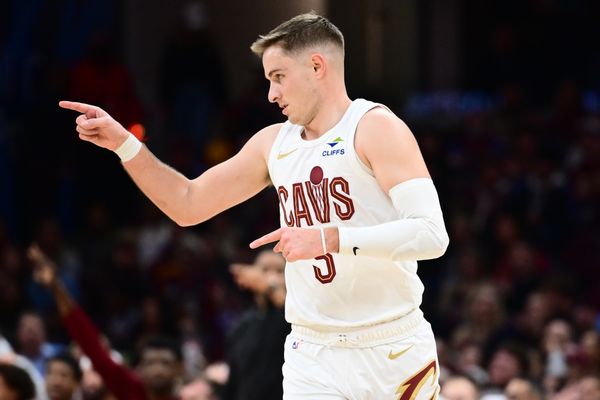 Jan 10, 2026; Cleveland, Ohio, USA; Cleveland Cavaliers guard Sam Merrill (5) celebrates after hitting a three point basket against the Minnesota Timberwolves during the second half at Rocket Arena. Mandatory Credit: Ken Blaze-Imagn Images