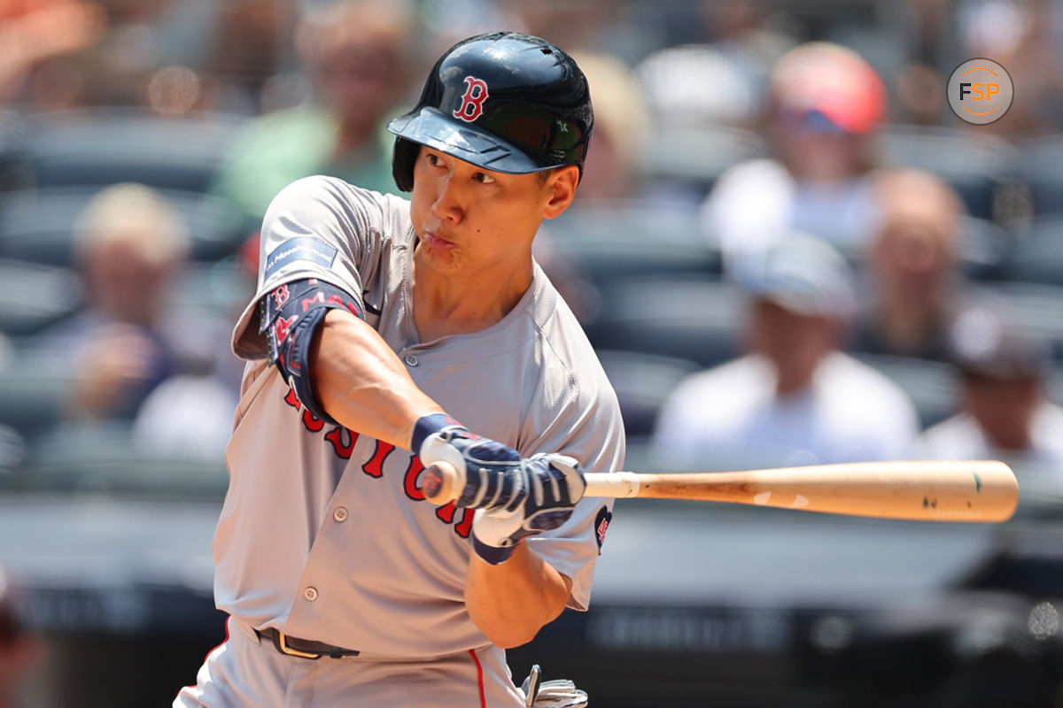 BRONX, NY - JULY 06:  Masataka Yoshida #7 of the Boston Red Sox at bat during the game against the New York Yankees on July 6, 2024 at Yankee Stadium in the Bronx, New York.  (Photo by Rich Graessle/Icon Sportswire)