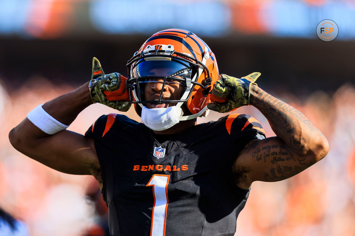 Nov 3, 2024; Cincinnati, Ohio, USA; Cincinnati Bengals wide receiver Ja'Marr Chase (1) reacts after a play against the Las Vegas Raiders in the first half at Paycor Stadium. Credit: Katie Stratman-Imagn Images