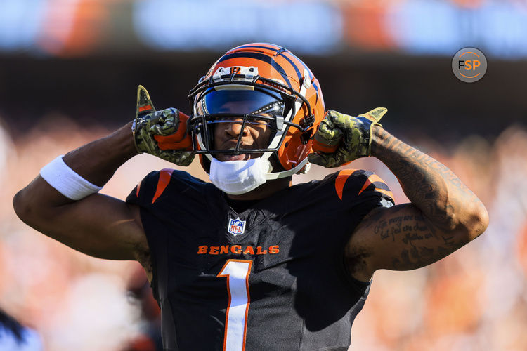 Nov 3, 2024; Cincinnati, Ohio, USA; Cincinnati Bengals wide receiver Ja'Marr Chase (1) reacts after a play against the Las Vegas Raiders in the first half at Paycor Stadium. Credit: Katie Stratman-Imagn Images