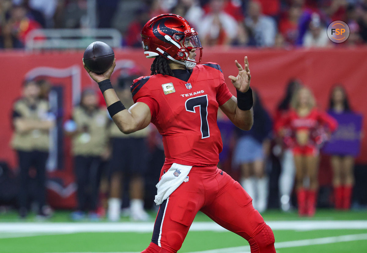 Nov 10, 2024; Houston, Texas, USA; Houston Texans quarterback C.J. Stroud (7) attempts a pass during the second quarter against the Detroit Lions at NRG Stadium. Credit: Troy Taormina-Imagn Images