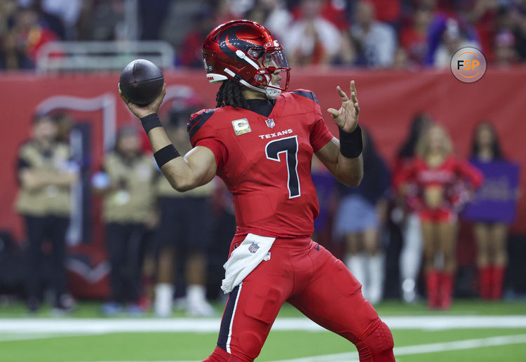 Nov 10, 2024; Houston, Texas, USA; Houston Texans quarterback C.J. Stroud (7) attempts a pass during the second quarter against the Detroit Lions at NRG Stadium. Credit: Troy Taormina-Imagn Images