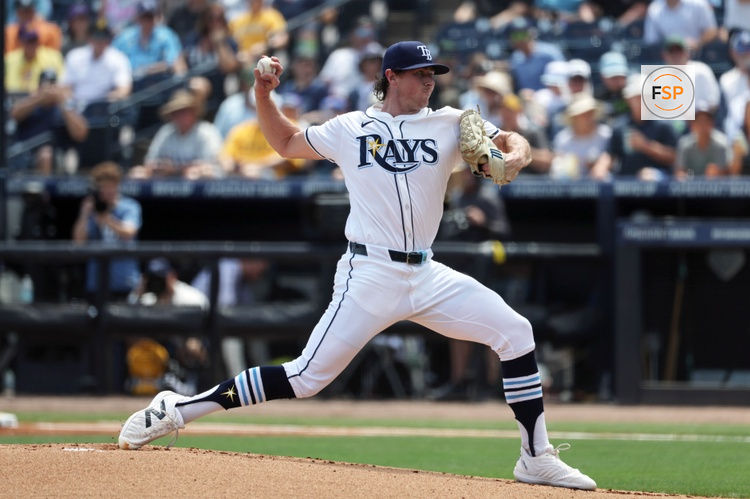 Apr 2, 2025; St. Petersburg, Florida, USA; Tampa Bay Rays starting pitcher Ryan Pepiot (44) throws a pitch against the Pittsburgh Pirates during the first inning  at George M. Steinbrenner Field. Credit: Kim Klement Neitzel-Imagn Images