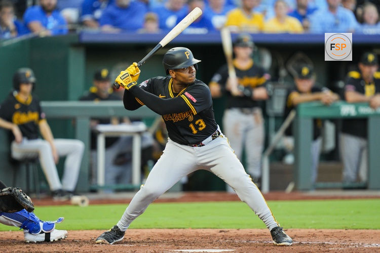 Jul 8, 2025; Kansas City, Missouri, USA; Pittsburgh Pirates third baseman Ke'Bryan Hayes (13) bats during the seventh inning against the Kansas City Royals at Kauffman Stadium. Credit: Jay Biggerstaff-Imagn Images