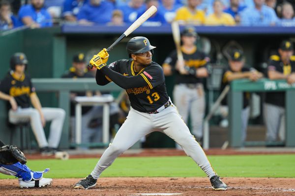 Jul 8, 2025; Kansas City, Missouri, USA; Pittsburgh Pirates third baseman Ke'Bryan Hayes (13) bats during the seventh inning against the Kansas City Royals at Kauffman Stadium. Mandatory Credit: Jay Biggerstaff-Imagn Images
