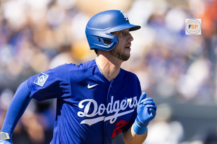 Feb 22, 2026; Peoria, Arizona, USA; Los Angeles Dodgers outfielder Kyle Tucker against the San Diego Padres during a spring training game at Peoria Sports Complex. Credit: Mark J. Rebilas-Imagn Images