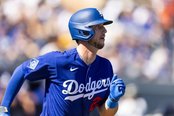 Feb 22, 2026; Peoria, Arizona, USA; Los Angeles Dodgers outfielder Kyle Tucker against the San Diego Padres during a spring training game at Peoria Sports Complex. Mandatory Credit: Mark J. Rebilas-Imagn Images