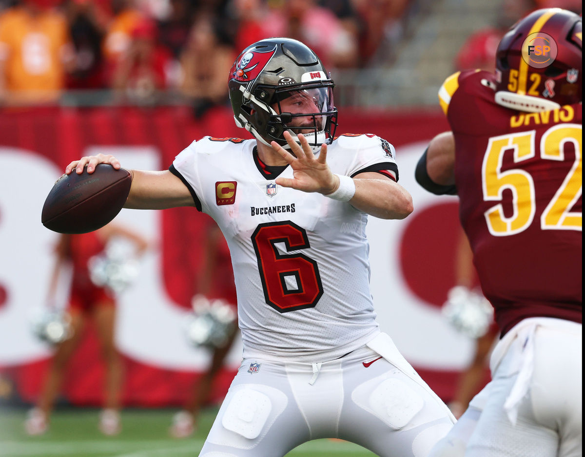 Sep 8, 2024; Tampa, Florida, USA;  Tampa Bay Buccaneers quarterback Baker Mayfield (6) throws the ball against the Washington Commanders during the second half at Raymond James Stadium. Credit: Kim Klement Neitzel-Imagn Images