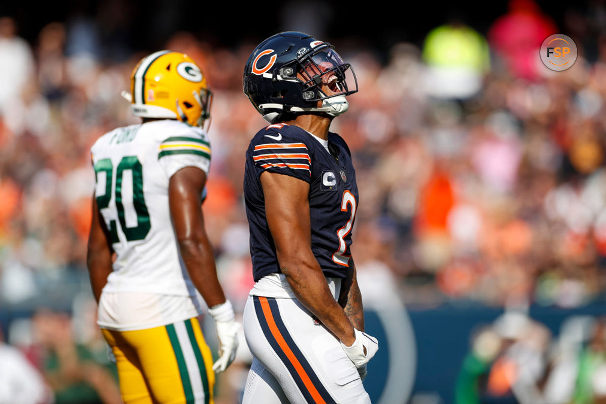 CHICAGO, IL - SEPTEMBER 10: Chicago Bears wide receiver DJ Moore (2) celebrates in the first half during a regular season game between the Green Bay Packers and the Chicago Bears on September, 10, 2023, at Soldier Field in Chicago, IL. (Photo by Brandon Sloter/Icon Sportswire)