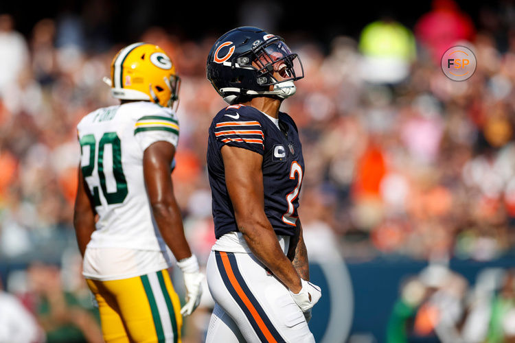 CHICAGO, IL - SEPTEMBER 10: Chicago Bears wide receiver DJ Moore (2) celebrates in the first half during a regular season game between the Green Bay Packers and the Chicago Bears on September, 10, 2023, at Soldier Field in Chicago, IL. (Photo by Brandon Sloter/Icon Sportswire)