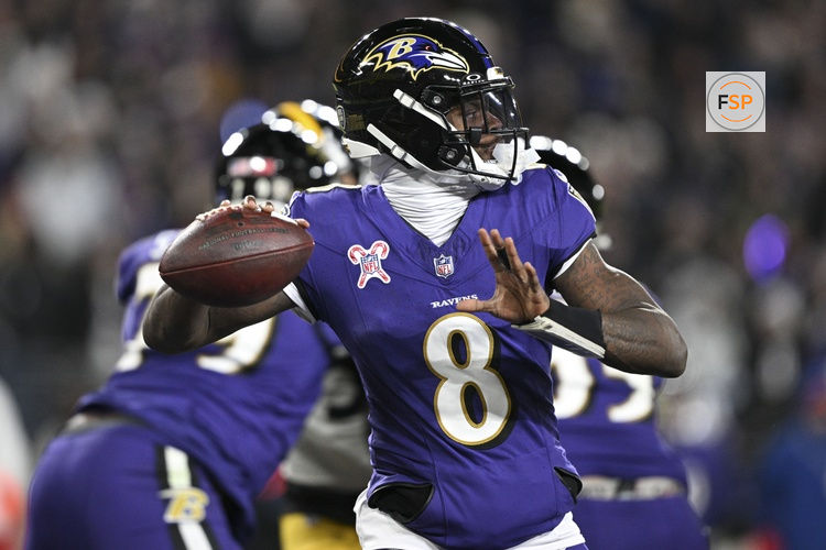 Dec 21, 2024; Baltimore, Maryland, USA;  Baltimore Ravens quarterback Lamar Jackson (8) throws from the pocket during the first half against the Pittsburgh Steelers at M&T Bank Stadium. Credit: Tommy Gilligan-Imagn Images