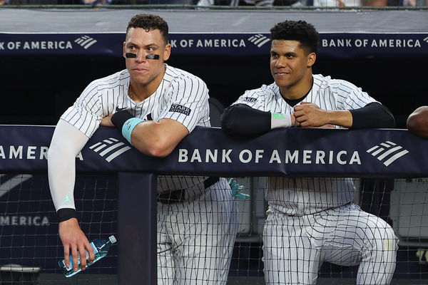 BRONX, NY - MAY 17:  Aaron Judge #99 of the New York Yankees and Juan Soto #22 in the dugout  during the game against the Chicago White Sox on May 17, 2024 at Yankee Stadium in the Bronx, New York.  (Photo by Rich Graessle/Icon Sportswire)