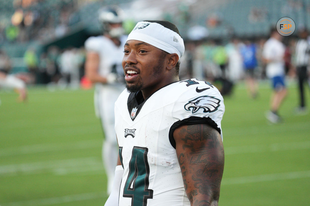 PHILADELPHIA, PA - AUGUST 17: Philadelphia Eagles running back Kenneth Gainwell (14) looks on during the preseason game between the Cleveland Browns and the Philadelphia Eagles on August 17, 2023, at Lincoln Financial Field in Philadelphia, PA. (Photo by Andy Lewis/Icon Sportswire)