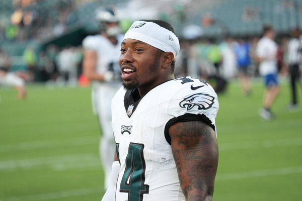 PHILADELPHIA, PA - AUGUST 17: Philadelphia Eagles running back Kenneth Gainwell (14) looks on during the preseason game between the Cleveland Browns and the Philadelphia Eagles on August 17, 2023, at Lincoln Financial Field in Philadelphia, PA. (Photo by Andy Lewis/Icon Sportswire)