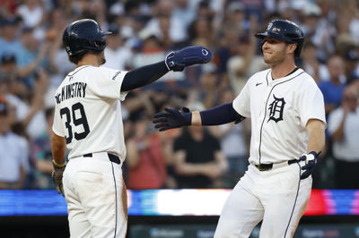 Jul 8, 2025; Detroit, Michigan, USA;  Detroit Tigers designated hitter Colt Keith (33) receives congratulations from third baseman Zach McKinstry (39) after he hits a two run home run in the seventh inning against the Tampa Bay Rays at Comerica Park. Mandatory Credit: Rick Osentoski-Imagn Images
