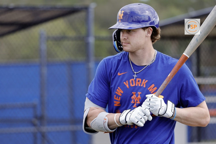 Feb 18, 2026; Port St. Lucie, FL, USA;  New York Mets outfielder Carson Benge steps up to take batting practice during spring training workouts at Clover Park. Credit: Reinhold Matay-Imagn Images