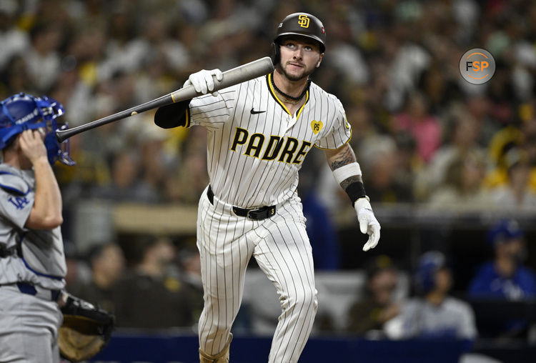 Oct 9, 2024; San Diego, California, USA; San Diego Padres outfielder Jackson Merrill (3) reacts after flying out in the fourth inning against the Los Angeles Dodgers during game four of the NLDS for the 2024 MLB Playoffs at Petco Park.  Credit: Denis Poroy-Imagn Images